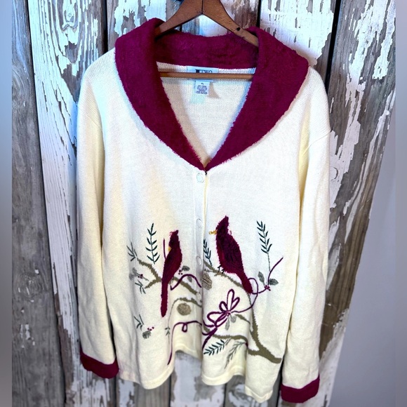J Two Nee York Red Bird Cardinals & Bow Sweater Cardigan size XL - Picture 1 of 16
